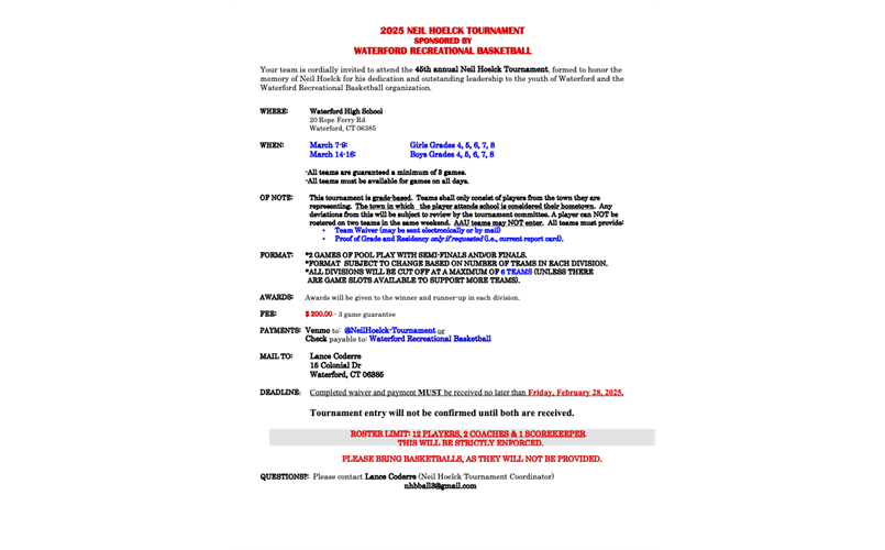 45th Annual Neil Hoelck Basketball Tournament